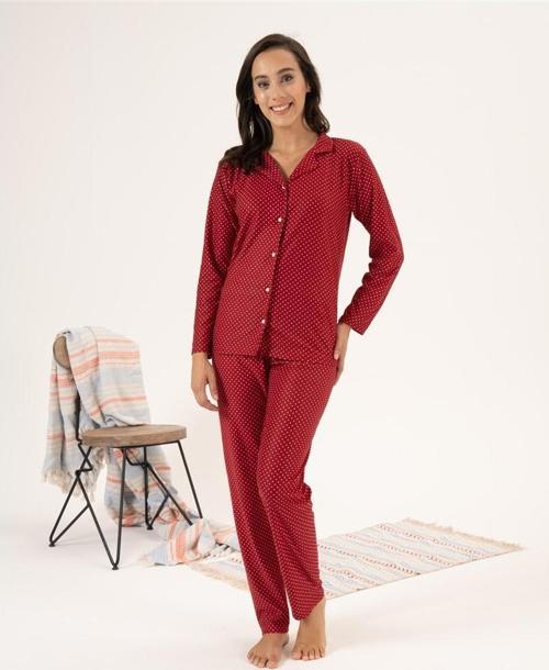 Puantiye Desen Önden Düğmeli Süet Bayan Pijama Takım