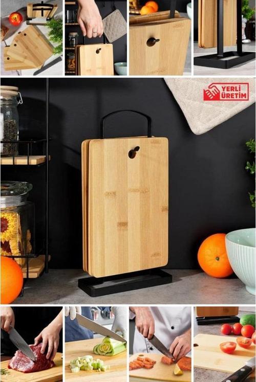 Wenken 4 Parça Metal Standlı Bambu Kesme Tahtası