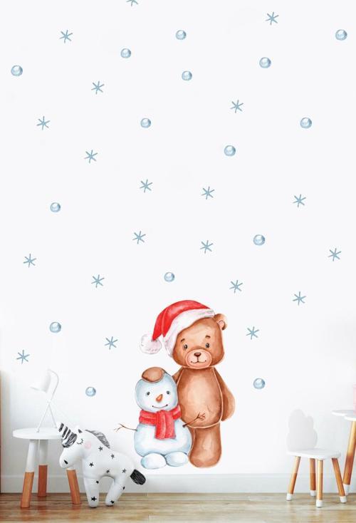 Kardan Adam ve Sevimli Ayıcık , Kartaneleri Çocuk Odası Duvar Sticker 50 x 70 cm