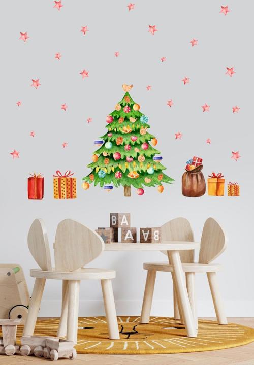 Yılbaşı Çam Ağacı ve Süsleri Çocuk Odası Duvar Sticker 50 x 70 cm