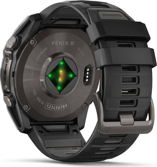 Garmin Fenix 8 - 47 mm Solar Sapphire Karbon Gri DLC Titanyum Siyah/Gri Silikon Kayışlı