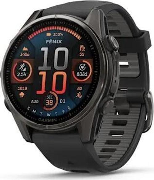 Fenix 8 - 43 mm AMOLED Sapphire Karbon gri DLC titanyum Siyah/Gri Silikon Kayışlı