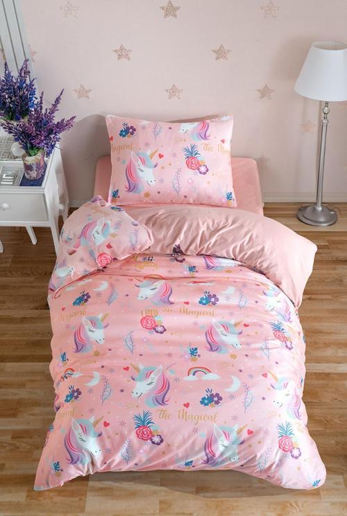 Çocuklar İçin Tek Kişilik Nevresim Seti  Canlı Açık Pembe