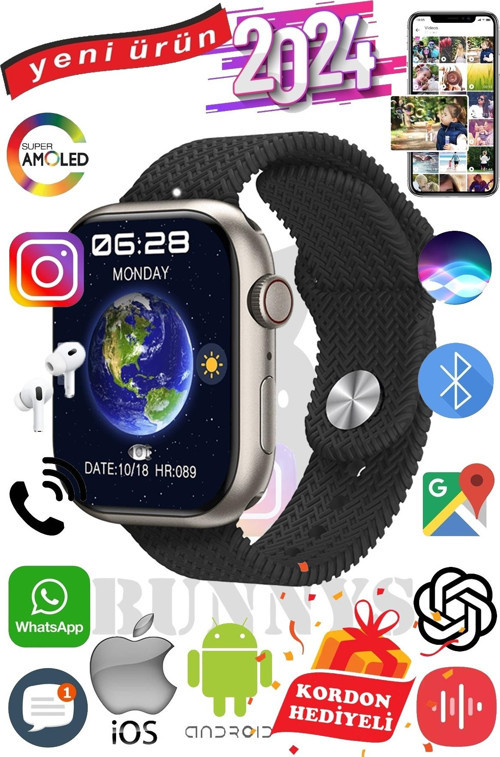 Samsung Galaxy A53 Uyumlu Akıllı Saat Watch 9 Max+2024 45mm Kordon Hediyeli Amoled Ekran