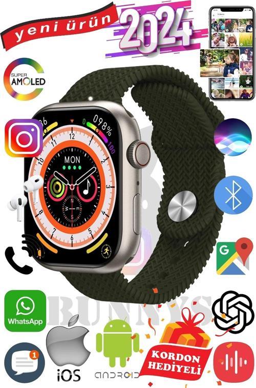 Xiaomi Mi 9 Uyumlu Akıllı Saat Watch 9 Max+2024 45mm Kordon Hediyeli Amoled Ekran