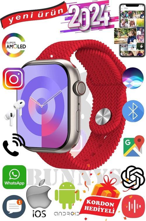 Huawei P30 Lite Uyumlu Akıllı Saat Watch 9 Max+2024 45mm Kordon Hediyeli Amoled Ekran