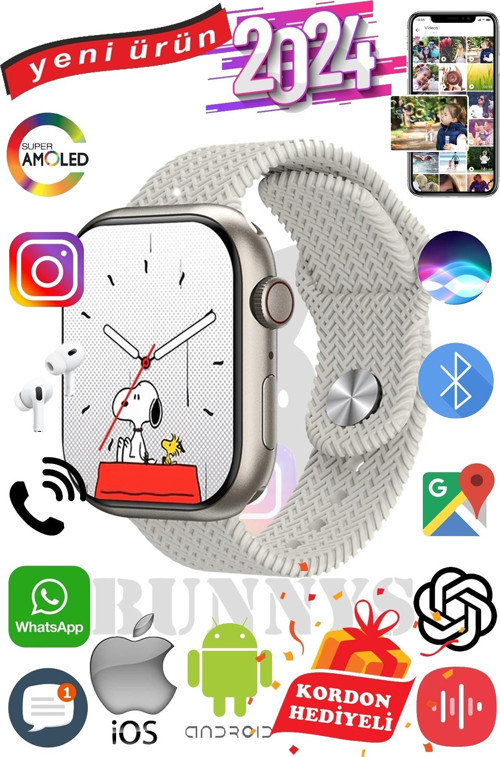 Apple iPhone 11 Pro Uyumlu Akıllı Saat Watch 9 Max+2024 45mm Kordon Hediyeli Amoled Ekran