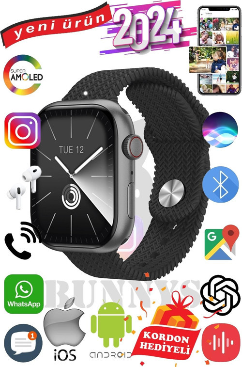 Apple iPhone 12 mini Uyumlu Akıllı Saat Watch 9 Max+2024 45mm Kordon Hediyeli Amoled Ekran