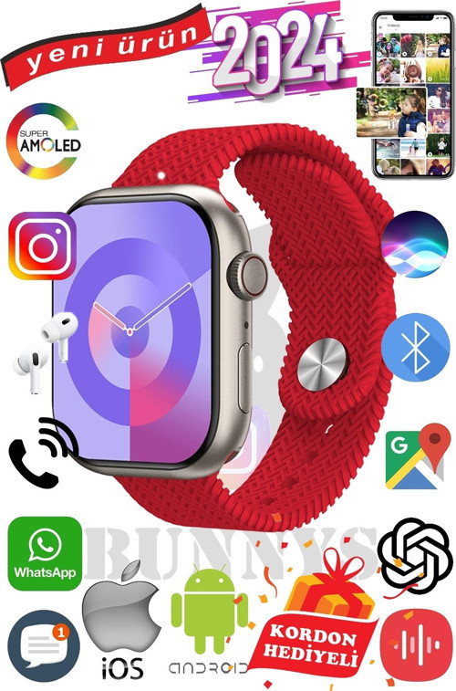 Apple iPhone 12 mini Uyumlu Akıllı Saat Watch 9 Max+2024 45mm Kordon Hediyeli Amoled Ekran