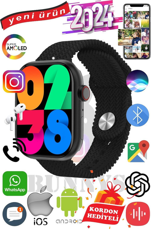 Oppo A57 Uyumlu Akıllı Saat Watch 9 Max+2024 45mm Kordon Hediyeli Amoled Ekran