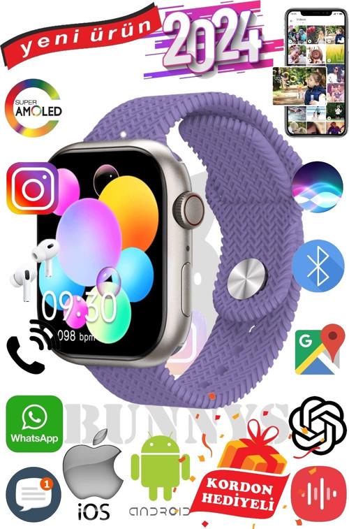 Redmi Note 9 Uyumlu Akıllı Saat Watch 9 Max+2024 45mm Kordon Hediyeli Amoled Ekran