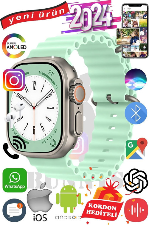Samsung Galaxy Note 20 Uyumlu Akıllı Saat ULTRA MAX 2024 Kordon Hediyeli Amoled Ekran