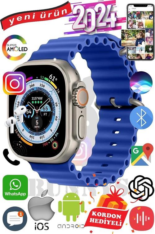 Samsung Galaxy S22 Ultra Uyumlu Akıllı Saat ULTRA MAX 2024 Kordon Hediyeli Amoled Ekran