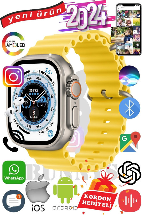 Alcatel Uyumlu Akıllı Saat ULTRA MAX 2024 Kordon Hediyeli Amoled Ekran
