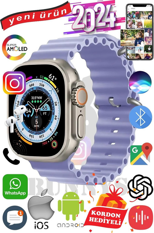 Apple iPhone 11 Pro Max Uyumlu Akıllı Saat ULTRA MAX 2024 Kordon Hediyeli Amoled Ekran