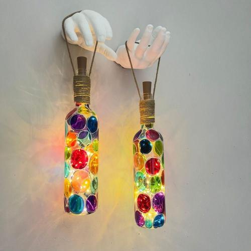 Beyaz Heykel El Dekorlu Led Işıklı Vitray Cam Şarap Şişesi Aplik 2'Li Set Cafe Bahçe Ev Dekoru