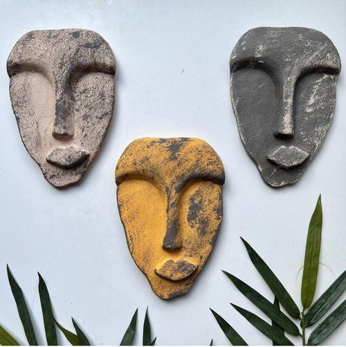 El Yapımı Taş Heykel Soyut Yüz Maske 3'Li Set, Duvar Dekor, Modern Ev Ve Ofis Dekoru