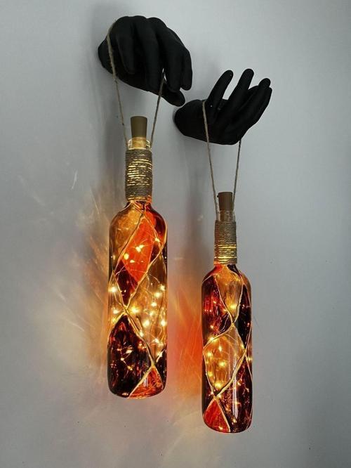 Heykel Siyah El Dekorlu Led Işıklı Kahve Vitray Cam Şarap Şişesi Aplik 2'Li Set Cafe Bahçe Ev Dekoru