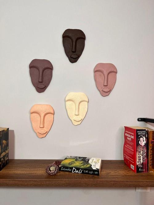 El Yapımı Tasarım Duvar Dekorasyon Maskeleri 5'Li Set, Kahverengi Dekor