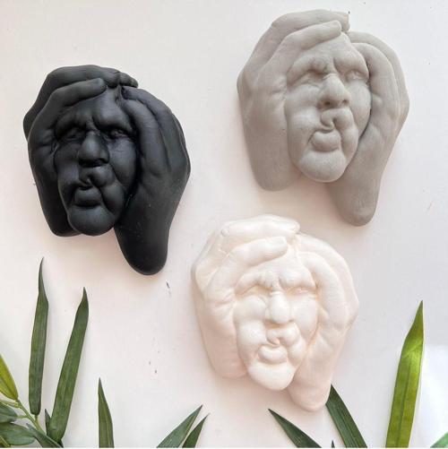 Ellerle Sıkılmış Renkli İnsan Yüzü Dekoratif Duvar Heykeli 3 Lü Set Biblo Obje Ev Dekorasyon
