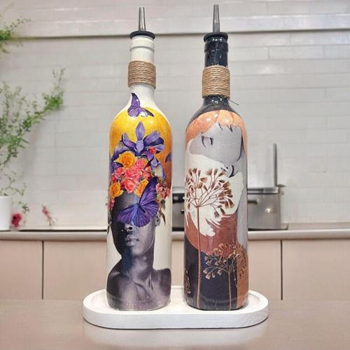 Renkli Kadın Tasarımlı 750 Ml Zeytinyağı Sıvıyağ Şişesi Yağdanlık Yağlık Sirkelik Sosluk 2'Li Set