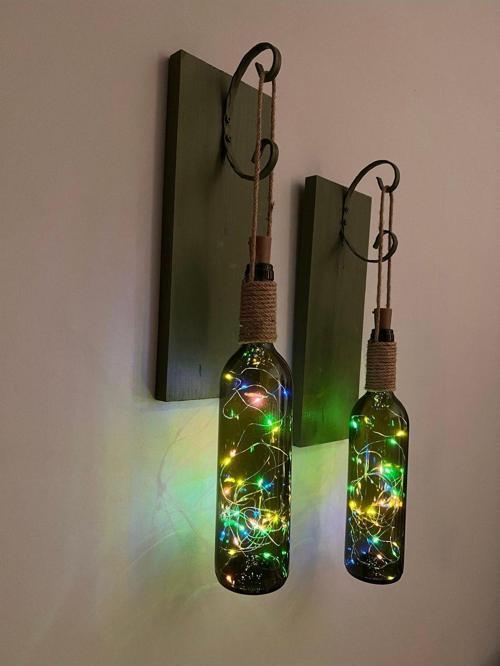 Renkli Tıpa Peri Led Işıklı Yeşil Ahşap Retro Yeşil Şarap Şişesi Duvar Aplik 2'Li Set