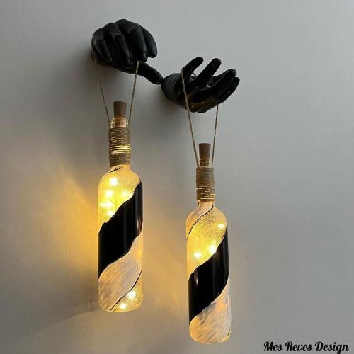 Siyah Heykel El Dekorlu Pilli Led Işıklı Vitray Cam Şarap Şişesi Aplik 2'Li Set Cafe Bahçe Ev Dekoru
