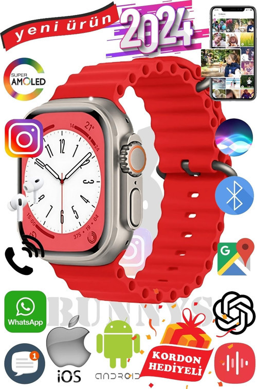 Oppo F15 Uyumlu Akıllı Saat ULTRA MAX 2024 Kordon Hediyeli Amoled Ekran