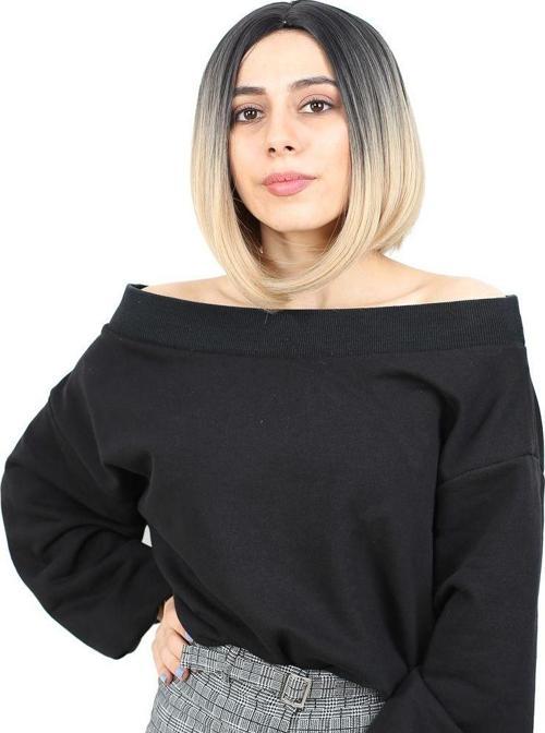  Kahkülsüz Düz Kısa Fiber Sentetik Peruk - Siyah / Balköpüğü Ombreli