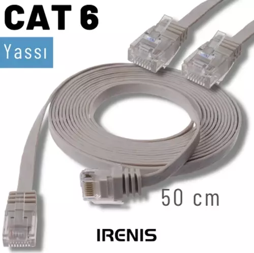 50 cm CAT6 Kablo Yassı Ethernet Network Lan Ağ İnternet Kablosu, Gri