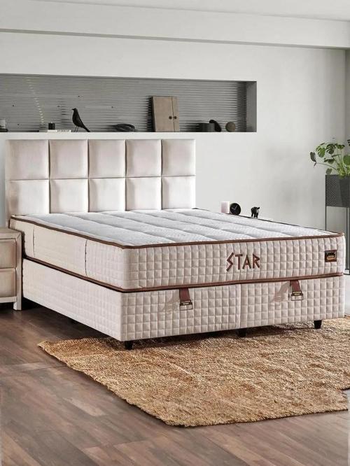 Star Yatak Seti 100x200 cm Tek Kişilik Yaylı Sert Ortopedik Yatak Krem Keten Lüks Baza Başlık Takımı