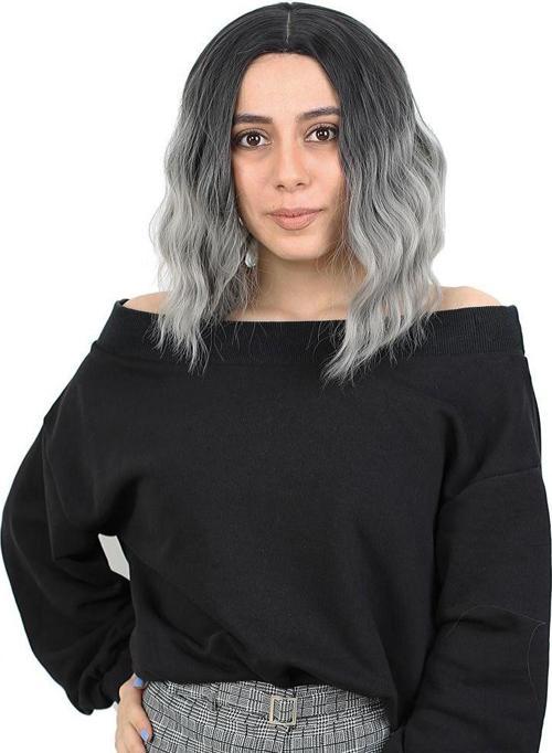  Fiber Sentetik Kısa Dalgalı Perçemsiz Peruk - Siyah / Gri Ombreli