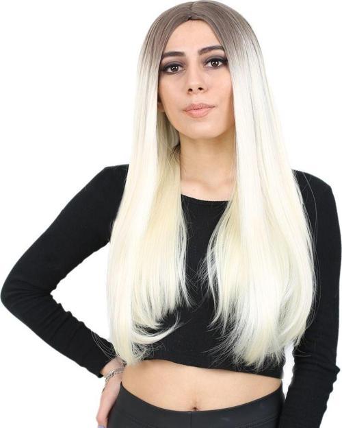  Fiber Sentetik Uzun Düz Peruk - Küllü Açık Kahve  / Platin Ombreli