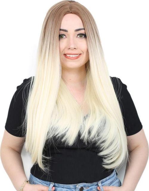  Fiber Sentetik Uzun Düz Peruk - Kumral / Platin Ombreli