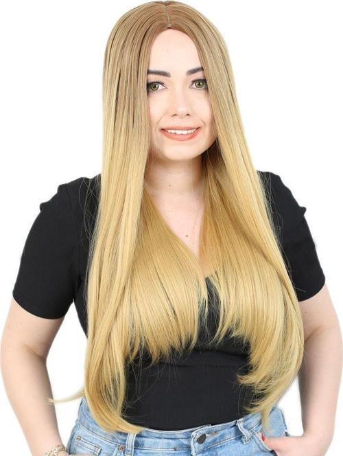  Fiber Sentetik Uzun Düz Peruk - Kumral / Sarı Ombreli