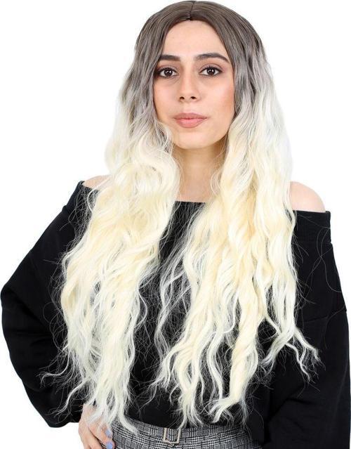  Fiber Sentetik Uzun Su Dalgası Peruk - Kahve / Platin Ombreli