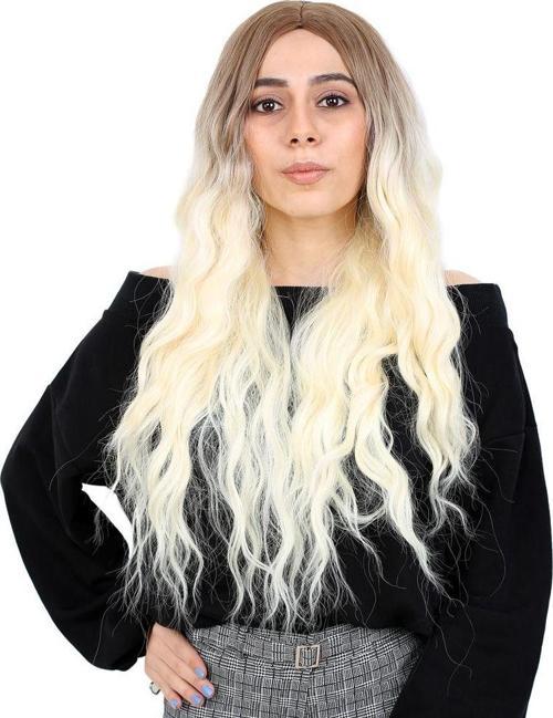  Fiber Sentetik Uzun Su Dalgası Peruk - Kumral / Platin Ombreli