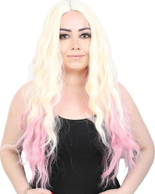  Fiber Sentetik Uzun Su Dalgası Peruk - Platin / Pembe Ombreli