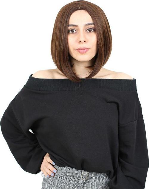  Kahkülsüz Düz Kısa Fiber Sentetik Peruk - Kahve Karamel
