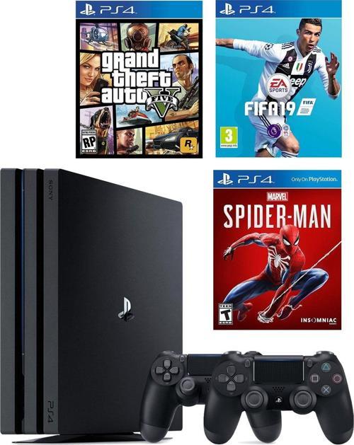 Playstation 4 Pro 1 Tb + 2. Ps4 Kol + Ps4 Gta 5 + Ps4 Fifa 19 + Ps4 Spider-Man