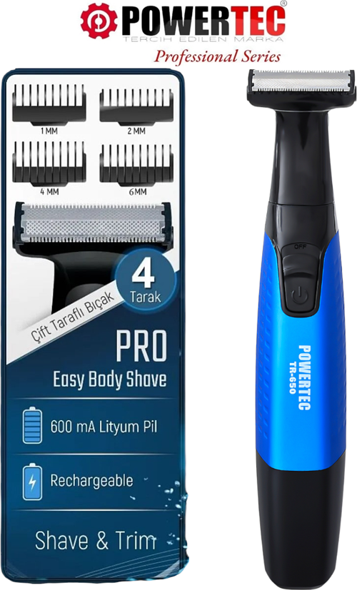 TR-650 (TAHRİŞ KARŞITI) Şarjlı Epilasyon Öncesi Hassas Vücut Tıraş Makinesi Çift Bıçak 2 Yıl Garanti