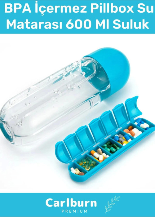 Özel Üretim Hap Bölmeli İlaç Kutusu %100 BPA İçermez Pillbox Su Matarası 600 Ml Suluk