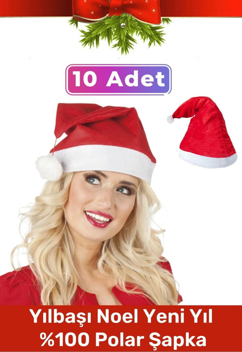 Özel Üretim Yıkanabilir Ucu Ponponlu Çocuk Yetişkin Yılbaşı Noel Baba %100 Polar Şapka 10 Adet