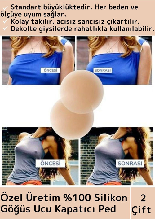 Premium Seri Kadın Ten Meme İç Giyim %100 Silikn Göğüs Ucu Kapatan Gizleyen Ped Nipple Pad 7Cm 2Çift
