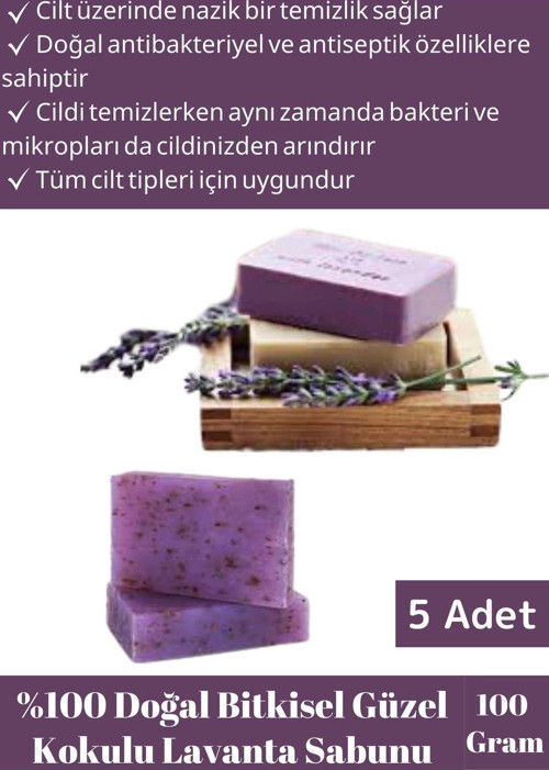%100 Organik Özel Üretim Cilt&Saç Onarıcı Tüm Ciltler İçin Uygun Güzel Kokulu Lavanta Sabunu 5 Adet