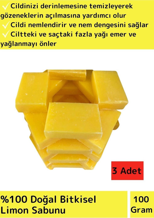 Bitkisel Güzel Kokulu Limon Sabunu Doğal Üretim Tüm Cilt Tipleri İçin Uygun 3 Adet