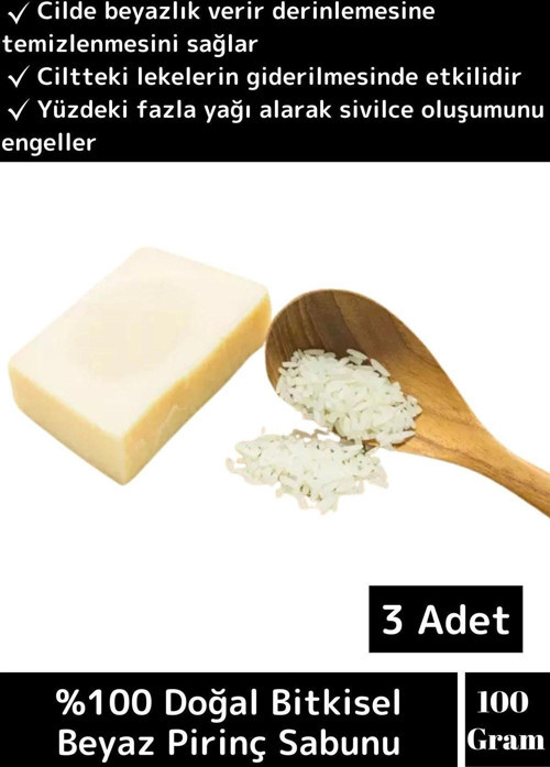 Özel Üretim Cilt Sorunlarında Etkili %100 Doğal Proteinli Beyaz Pirinç Sabunu 3 Adet