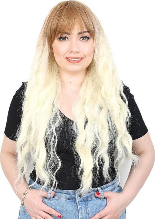  Perçemli Uzun Su Dalgası Fiber Sentetik Peruk - Balköpüğü / Platin Kısa Ombreli