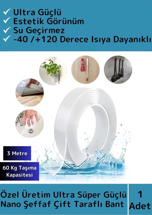 Premium Seri Ultra Süper Güçlü Yüksek Mukavemetli Nano Çift Taraflı Doku Şeffaf Bant 3 Metre