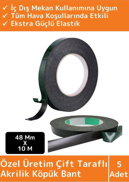 Premium Üretim Ultra Dayanıklı İz Bırakmaz Elastik Çift Taraflı 10Metre-48Mm Akrilik Köpük Bant 5'li